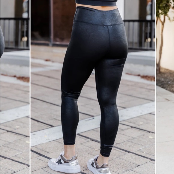 BLACK FAUX LEATHER CROSS WAIST BAND LEGGINGS - Picture 3 of 6